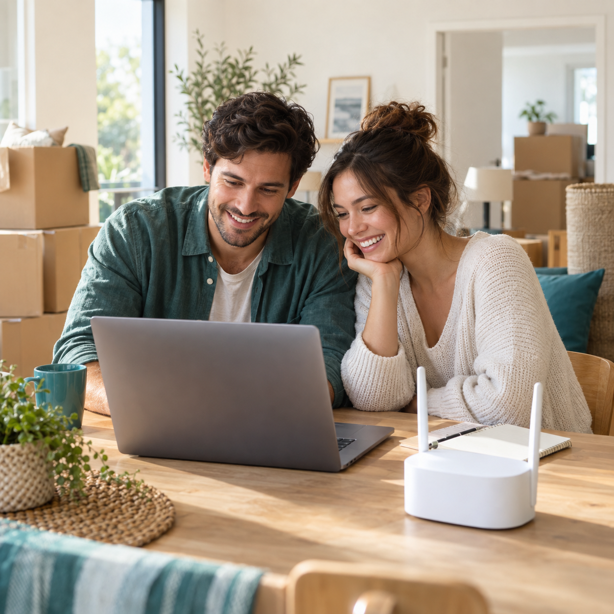A couple planning internet setup in a bright new home with moving boxes